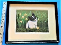 Puppy with Daffodils in framed print titled 